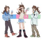  baseball_cap black_footwear blue_eyes blue_jacket boots brown_hair casteliacone closed_eyes cosplay denim denim_shorts falu_(faluyelang) full_body green_footwear hand_in_pocket hat highres hilbert_(pokemon) hilbert_(pokemon)_(cosplay) hilda_(pokemon) jacket n_(pokemon) n_(pokemon)_(cosplay) pokemon pokemon_bw ponytail red_footwear shirt shorts sleeveless sleeveless_shirt standing 