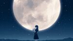  1girl amenomori_howa black_dress black_hair dress faceless faceless_female facing_ahead feet_out_of_frame flower from_side full_moon glint highres holding holding_flower long_dress long_hair moon night night_sky original outdoors profile scenery signature sky solo star_(sky) starry_sky straight_hair white_flower wide_shot 