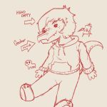  1:1 2024 4_fingers anthro baryonyx cavemanon_studios clothing dinosaur english_text female fingers footwear freckles hoodie i_wani_hug_that_gator long_tail majormiju monochrome olivia_halford reptile scalie shoes sitting sketch slippers smile snout solo spinosaurid tail text theropod topwear 