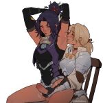  2girls absurdres armor ashera_(xenoblade) asymmetrical_hair black_hair blonde_hair blush boobplate bottomless breastplate breasts catherine_(fire_emblem) dark-skinned_female dark_skin erection fire_emblem fire_emblem:_three_houses futa_with_female futanari futanari_masturbation gloves highres large_breasts large_penis long_hair masturbation multiple_girls newhalf newhalf_with_female open_mouth penis ponytail red_eyes shoulder_armor simple_background smile testicles theredhoodbunny uncensored white_armor xenoblade_chronicles_(series) 