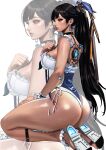  1girl ass black_hair blunt_bangs blush breasts brown_eyes earrings eve_(stellar_blade) frilled_one-piece_swimsuit frills highres jewelry kittymiya lips long_hair medium_breasts one-piece_swimsuit ponytail solo stellar_blade swimsuit thick_thighs thighs very_long_hair 