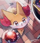  1boy amezawa_koma animal_ear_fluff animal_focus artist_name blush brick_floor calem_(pokemon) commentary_request dated fennekin highres holding holding_poke_ball looking_up multicolored_fur poke_ball poke_ball_(basic) pokemon pokemon_(creature) pokemon_xy pov pov_hands red_fur reflective_surface solo_focus white_fur yellow_fur 
