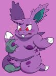  anthro ball_fondling balls belly big_nipples blush disembodied_hand duo erection fondling generation_1_pokemon genitals grope groping_chest hi_res horn male moobs nidoran nidoran♂ nintendo nipples overweight penis pokemon pokemon_(species) purple_body red_eyes sinribbons 