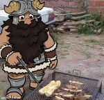  1boy beard churroach cooking dungeon_meshi dwarf facial_hair fake_horns food full_body grill grilling helmet holding holding_tongs horned_helmet horns long_beard looking_at_object male_focus muscular muscular_male parody_request photo_background senshi_(dungeon_meshi) solo standing thick_mustache tongs very_long_beard 