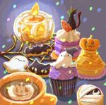  cake coffee coffee_mug cookie cup cupcake fire food food_focus ghost halloween hat highres icing jack-o&#039;-lantern mug no_humans original pastry steam tonekoya witch_hat 