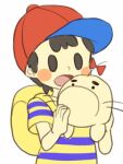  baseball_cap biseibutu black_hair blue_eyes child doseisan happy hat lowres male_focus mother_(game) mother_2 ness_(mother_2) open_mouth shirt short_hair shorts smile solo striped_clothes striped_shirt 