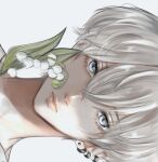  1boy commentary ear_piercing expressionless flower grey_eyes h_whitewish lily_of_the_valley looking_at_viewer male_focus original piercing rotated short_hair simple_background solo straight-on white_background white_hair 