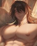  1boy abs bara beard_stubble brown_hair chamomilde closed_eyes english_commentary facial_hair gallagher_(honkai:_star_rail) highres honkai:_star_rail honkai_(series) male_focus muscular muscular_male nipples pectorals signature smile stubble topless_male upper_body 