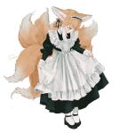  1girl alternate_costume animal_ears apron arknights black_dress black_footwear black_ribbon blush braided_hair_rings brown_hair dress enmaided fox_ears fox_girl fox_tail frilled_apron frills full_body green_eyes hair_ribbon highres juliet_sleeves kitsune kyuubi long_dress long_sleeves looking_down maid maid_headdress multiple_tails open_mouth pantyhose pleated_dress puffy_sleeves ribbon shoes simple_background single_hair_ring skirt_hold sleeve_cuffs solo sutoa suzuran_(arknights) tail white_apron white_background white_pantyhose 