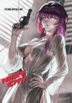  1girl breasts cleavage collarbone commentary cowboy_shot english_commentary english_text eyewear_on_head gun haekchi hair_between_eyes hand_on_own_hip hand_up highres holding holding_gun holding_weapon honkai:_star_rail honkai_(series) kafka_(honkai:_star_rail) large_breasts long_hair looking_to_the_side nail_polish open_clothes open_robe pink_lips purple_eyes purple_hair purple_nails revolver robe round_eyewear sidelocks smile solo sunglasses twitter_username weapon white_robe 