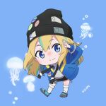  1girl black_beanie black_skirt blonde_hair blue_background blue_eyes blue_footwear blue_jacket chibi closed_mouth commentary_request copyright_notice green_hair hand_on_own_hip hat_ornament hood hoodie jacket jellyfish kneehighs light_blush long_hair long_sleeves multicolored_hair official_art open_clothes open_jacket salute skirt smile socks solo streaked_hair two-tone_hair white_hoodie white_socks yamanouchi_kano yoru_no_kurage_wa_oyogenai zipper_pull_tab 