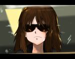  1girl absurdres black_hair black_jacket close-up closed_mouth cosplay frown girls_und_panzer highres indoors jacket letterboxed long_hair medium_hair moesenyukikaze murakami_(girls_und_panzer) solo sunglasses t-800 t-800_(cosplay) terminator_(series) 