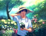  1boy :d a3! artist_name black_hair blue_eyes day dirty dirty_face flower garden hand_up hat holding holding_plant looking_at_viewer outdoors plant shirt short_hair short_sleeves smile solo standing straw_hat sun_hat sunlight taka_banyaaa towel towel_around_neck tree tsukioka_tsumugi white_shirt yellow_hat 