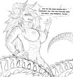  anthro areola athletic athletic_anthro athletic_female big_breasts bracelet breasts dialogue dragon ear_piercing english_text female hair horn jewelry long_hair looking_at_viewer mythological_creature mythological_scalie mythology nipples piercing scales scalie solo speech_bubble tail tail_spines talking_to_viewer teeth text vulpixxeon zafira_(vulpixxeon) 