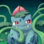  blue_sky fangs highres ivysaur looking_to_the_side no_humans plant pokemon pokemon_(creature) red_eyes sharpski sky solo vine_whip vines 