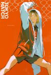  1boy blonde_hair chain-link_fence closed_mouth english_text feet_out_of_frame fence haikyuu!! highres hood hoodie huangdanlan kozume_kenma light_frown long_sleeves male_focus red_background red_hoodie red_shorts short_hair shorts solo two-tone_hoodie white_hoodie 