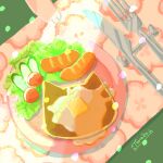  bread butter cherry_tomato food food_focus fork highres knife meat no_humans original plate salad sausage tomato tonekoya 