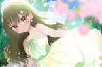  1girl blurry blurry_background blurry_foreground breasts bridal_veil brown_eyes closed_mouth collarbone commentary dress dutch_angle earrings flower green_hair hair_flower hair_ornament highres jewelry link!_like!_love_live! long_hair looking_at_viewer love_live! medium_breasts oogami_sachi see-through sleeveless sleeveless_dress smile solo straight_hair swept_bangs veil wedding_dress yellow_dress yumesora_(s_c_d_nao) 