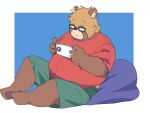 2024 anthro belly bottomwear brown_body canid canine cellphone clothing electronics eyewear glasses hi_res humanoid_hands inunoshippo kemono male mammal overweight overweight_male phone raccoon_dog shirt shorts simple_background sitting smartphone solo tanuki topwear