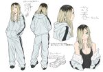  1girl absurdres blonde_hair breasts cleavage delinquent ear_piercing earrings green_eyes hair_over_one_eye highres jacket jewelry long_hair medium_breasts multicolored_hair original pants piercing reference_sheet roots_(hair) simple_background taiyou track_jacket track_pants track_suit white_background 