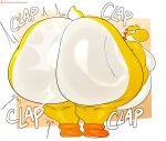  2024 anthro belly big_belly big_butt biped butt digital_media_(artwork) hi_res huge_belly huge_butt huge_thighs hyper hyper_belly hyper_butt hyper_hips hyper_thighs jinu looking_at_viewer looking_back looking_back_at_viewer male mario_bros moobs narrowed_eyes nintendo nude onomatopoeia rear_view simple_background smile solo sound_effects text thick_thighs twerking wide_hips yellow_yoshi yoshi 