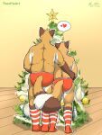  anthro arm_around_waist canid canine christmas christmas_tree clothing duo footwear fox hi_res holidays lube_bottle male mammal plant socks theopieart tree underwear 