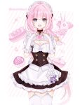  1girl :d absurdres apron black_choker black_dress breasts choker cleavage collarbone commentary_request dress elbow_gloves elysia_(honkai_impact) elysia_(miss_pink_elf)_(honkai_impact) food-themed_background frilled_apron frilled_gloves frills garter_straps gloves grey_eyes hands_up heart heart_hands highres honkai_(series) honkai_impact_3rd long_hair looking_at_viewer medium_breasts pink_hair puffy_short_sleeves puffy_sleeves rosu_(rostar1r) short_sleeves smile solo standing striped_background thighhighs very_long_hair waist_apron white_apron white_gloves white_thighhighs 