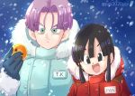  1boy 1girl :d bangs black_eyes black_hair blue_coat blue_gloves blunt_bangs buttons coat dragon_ball dragon_ball_(object) dragon_ball_gt eyebrows_visible_through_hair eyes_visible_through_hair fur_trim gloves green_eyes hair_between_eyes holding_dragon_ball hood hood_down hooded_coat looking_at_viewer name_tag pan_(dragon_ball) pipi2020pipi purple_hair red_coat sidelocks smile snowing trunks_(dragon_ball) twitter_username winter_clothes winter_coat 