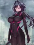  1girl arms_at_sides black_hair bodysuit breasts covered_navel cyborg glasses grey_eyes hair_intakes highres holding holding_sword holding_weapon katana large_breasts long_hair looking_at_viewer low_ponytail original science_fiction skin_tight solo sword weapon yoineya 