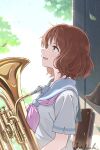  1girl :d absurdres blue_sailor_collar brown_eyes brown_hair chair day falling_leaves from_side hibike!_euphonium highres holding holding_instrument instrument junshiki leaf looking_up neckerchief open_mouth oumae_kumiko outdoors pink_neckerchief profile sailor_collar school_uniform shirt short_hair short_sleeves sidelocks signature sitting smile solo sweat trombone upper_body white_shirt 