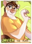 2022 anthro border character_name clothed clothing cougar english_text eyewear felid feline ferwanwan gesture glasses hand_heart hi_res horn javier_(scraphead) male mammal pawpads pink_nose shirt solo text topwear trading_card whiskers white_border yellow_clothing yellow_shirt yellow_topwear 
