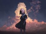  1girl bangs black_dress blunt_bangs cloud commentary cowboy_shot daruma_karei dress grey_hair hair_over_one_eye halo highres looking_at_viewer messy_hair original outdoors red_eyes sailor_dress scenery serious shade short_hair sky solo standing 