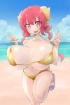  1girl absurdres bare_shoulders beach bikini breasts bursting_breasts cleavage cloud collarbone cowboy_shot curled_horns day dragon_girl dragon_horns gold_bikini highres horns huge_breasts ilulu_(maidragon) kobayashi-san_chi_no_maidragon long_hair looking_at_viewer navel neck ocean ookinaomune open_mouth oppai_loli pointy_ears red_eyes red_hair revealing_clothes sand sandals shortstack skindentation sky slit_pupils smile solo standing standing_on_one_leg swimsuit thighs twintails yellow_horns 