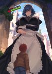  1boy 1girl apron black_dress blue_hair breasts child dress frilled_apron frills giant giantess gloves highres huge_breasts maid maid_apron maid_headdress orange_hair original short_hair tall_female tresmarrow waist_apron white_apron white_gloves 