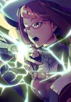  1girl breasts bridal_gauntlets diagonal_bangs fire_emblem fire_emblem_awakening glasses hair_tubes hat highres large_breasts lightning looking_to_the_side magic miriel_(fire_emblem) o-ring open_mouth red-framed_eyewear red_hair solo tsujii_luki witch_hat 