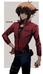  1boy absurdres belt black_shirt blue_pants border brown_hair closed_mouth cowboy_shot dated grey_background hand_on_own_hip highres jacket jewelry light_smile looking_at_viewer male_focus necklace pants red_jacket sake_ygo shirt solo white_border yu-gi-oh! yu-gi-oh!_gx yuki_judai 