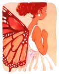  1girl border butterfly_wings closed_eyes curly_hair dark-skinned_female dark_skin dress earrings fairy fairy_wings from_side hand_on_own_chest heikala highres insect_wings jewelry monarch_butterfly monochrome orange_background orange_theme orange_wings original painting_(medium) ponytail profile red_hair simple_background sleeveless sleeveless_dress sphere_earrings traditional_media watercolor_(medium) white_border white_dress wings 