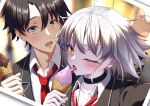  1boy 1girl absurdres ahoge aonoirasuto black_choker black_hair black_jacket blue_eyes blush choker collared_shirt commentary_request dating eating fate/grand_order fate_(series) fingernails food fujimaru_ritsuka_(male) grey_hair hair_between_eyes highres holding holding_food holding_ice_cream_cone ice_cream ice_cream_cone jacket jeanne_d&#039;arc_alter_(fate) long_sleeves looking_at_viewer necktie official_alternate_costume one_eye_closed open_clothes open_jacket open_mouth pale_skin photo_(object) red_necktie school_uniform shirt teeth tongue tongue_out upper_teeth_only white_shirt yellow_eyes 