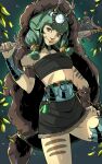  1girl antlers armlet artemis_(hades) bird bow_(weapon) bracer cloak fur-trimmed_skirt fur_cloak fur_trim greco-roman_clothes green_hair hades_(series) hades_2 hand_on_own_hip highres horns over_shoulder pelt pixie_(pixieinktvis) quail skirt smile solo thighs weapon weapon_over_shoulder 