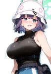  1girl ai-generated angry black_hair blue_archive blue_eyes breasts bucket_hat embarrassed green_halo halo hat highres large_breasts looking_at_viewer rabbit_platoon_(blue_archive) saki_(blue_archive) short_hair solo sweat white_helmet 