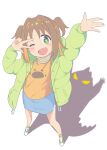  1girl ;) absurdres blue_skirt blush brown_hair fang full_body green_eyes green_footwear green_jacket hands_up happy highres jacket miniskirt oka_asahi one_eye_closed onii-chan_wa_oshimai! open_clothes open_jacket open_mouth orange_shirt orange_socks paw_print print_shirt shadow shiina_excel shirt shoes short_hair simple_background skirt smile sneakers socks solo sparkling_eyes standing two_side_up v white_background 