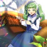  1boy :d apron blue_apron blurry blurry_foreground bow commentary_request commission copyright_request couch cup depth_of_field dress feet_out_of_frame frilled_apron frills green_eyes green_hair holding holding_cup indie_virtual_youtuber kou_hiyoyo long_sleeves looking_at_viewer maid maid_headdress mug on_couch puffy_long_sleeves puffy_sleeves sitting skeb_commission smile solo steam twintails uchida_chelsea_sobako virtual_youtuber white_bow white_dress 