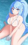  1girl :o artist_name barefoot between_legs bikini blue_eyes blue_hair blurry blush bokeh boku_no_hero_academia breasts cleavage collarbone depth_of_field english_commentary feet front-tie_bikini_top front-tie_top hadou_nejire hand_between_legs highres jewelry large_breasts long_hair looking_at_viewer necklace open_mouth shell shell_necklace shibbunny sitting solo swimsuit teeth upper_teeth_only very_long_hair wading wariza water wet white_bikini 