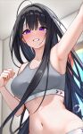  1girl arm_up armpits bare_arms bare_shoulders black_hair blush breasts commentary_request day grey_sports_bra highres indoors jyu-so large_breasts long_hair navel original parted_lips purple_eyes sleeveless smile sports_bra stomach 