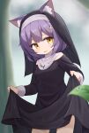  1girl animal_ear_fluff animal_ears black_dress black_sleeves black_veil blurry blurry_background cat_ears coif commentary_request cross cross_hair_ornament dot_nose dress facing_to_the_side habit hair_between_eyes hair_ornament highres holding holding_clothes latin_cross leaf light_blush long_sleeves looking_to_the_side mogura2009 nun off-shoulder_dress off_shoulder open_mouth original outdoors purple_hair sad solo tearing_up thighs veil wet wet_clothes wet_hair yellow_eyes 