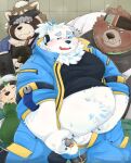  2023 96panda anthro balls bear belly big_belly blush brown_body brown_fur canid canine canis chastity_cage chastity_device clothing domestic_dog fur genitals goro_(live_a_hero) green_body green_fur group hi_res kemono lifewonders live_a_hero male male/male mammal mokdai nordic_sled_dog one_eye_closed overweight overweight_male peeing raccoon_dog samoyed shirt shoen spitz tanuki topwear white_body white_fur wink yohack 