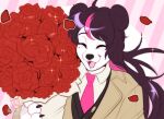  2023 abstract_background ahoge anthro blush blush_lines bouquet canid clothed clothing crossdressing eyes_closed female ferwanwan flower fur hair hair_buns holding_bouquet holding_flower holding_object jacket mammal necktie open_mouth open_smile petals plant rose_(flower) shirt smile solo sparkles topwear vest watermark white_body white_fur 