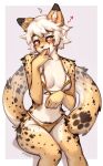 anthro aurora_(spacecamper) bikini breasts cheetah clothed clothing felid feline female finger_in_mouth fluffy fluffy_tail front_view gold_bikini hair hi_res mammal sitting skimpy solo spuydjeks swimwear tail tongue tongue_out white_hair