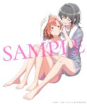  2girls ^_^ absurdres asanagi_yori barefoot black_hair blush closed_eyes closed_mouth commentary_request copyright_name dolphin_shorts drying drying_hair full_body grey_shirt hair_intakes highres holding holding_towel kino_himari looking_at_another lower_teeth_only multiple_girls official_art open_mouth orange_hair pink_shorts red_eyes sample_watermark sasayaku_you_ni_koi_wo_utau shirt short_hair shorts sidelocks simple_background sitting sitting_between_lap smile teeth towel watermark wet wet_hair white_background white_shirt yuri 