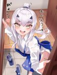  1girl absurdres apron blue_apron blue_nails fate/grand_order fate_(series) forked_eyebrows heart highres long_hair melusine_(fate) nail_polish open_mouth opening_door paw_print paw_print_pattern ponytail shoes smile solo spoken_heart teeth tutuuraura88 upper_teeth_only white_hair wooden_floor yellow_eyes 